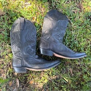 Vintage Black Embossed Leather Mens Cowboy Boots 10.5 Code West